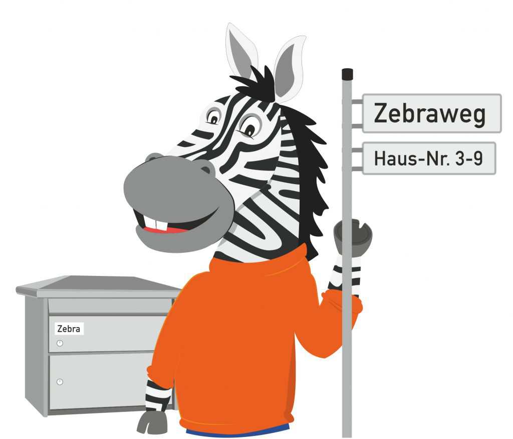 Zebra mit Straßenschild und Briefkasten